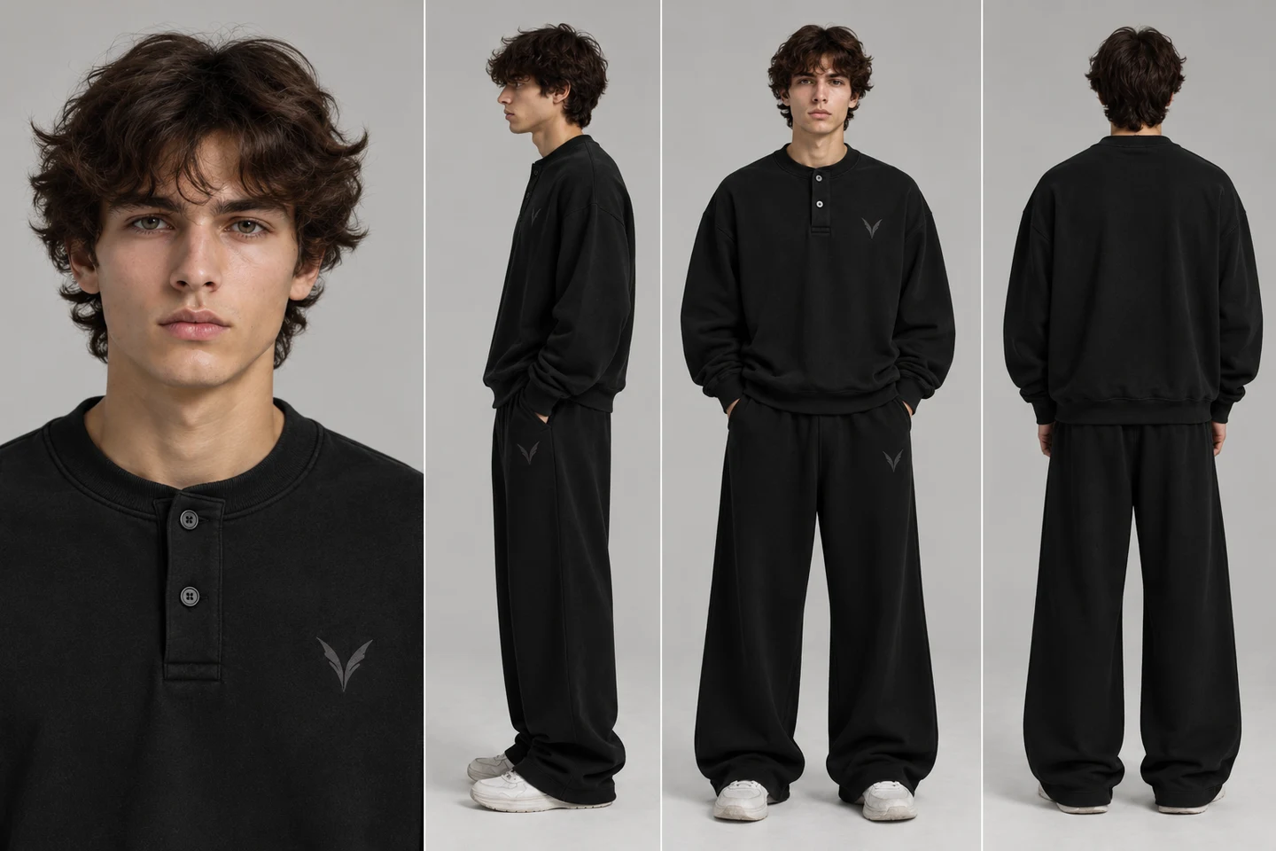 Vervaine black henley and sweatpants styling — concept image