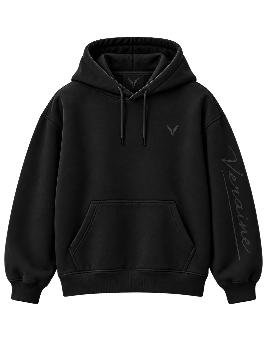Vervaine black hoodie front — concept image