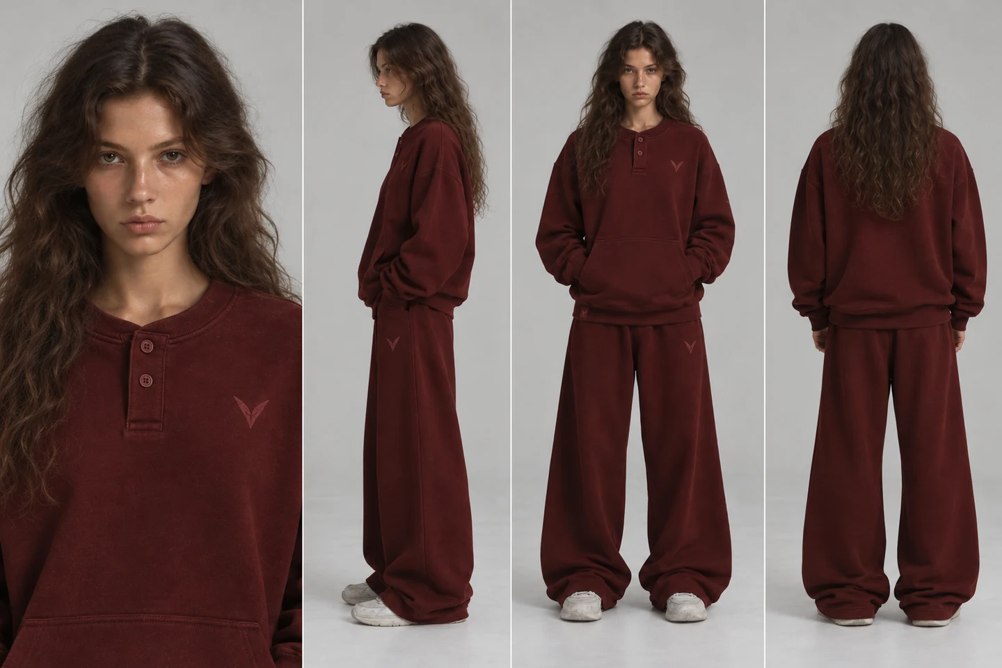 Vervaine burgundy henley and sweatpants styling — concept image