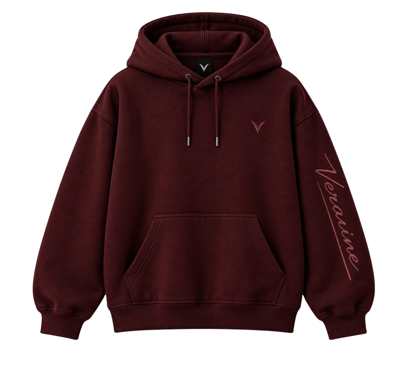 Vervaine burgundy hoodie front — concept image