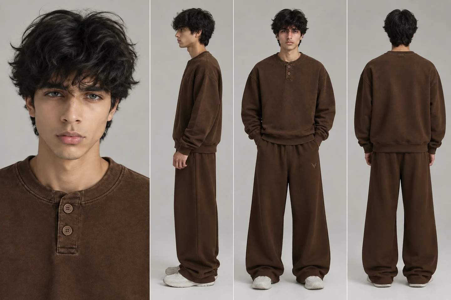 Vervaine chocolate henley and sweatpants styling — concept image