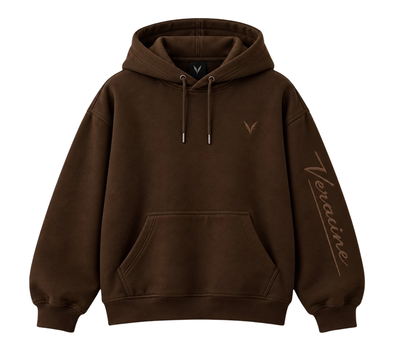Vervaine chocolate hoodie front — concept image