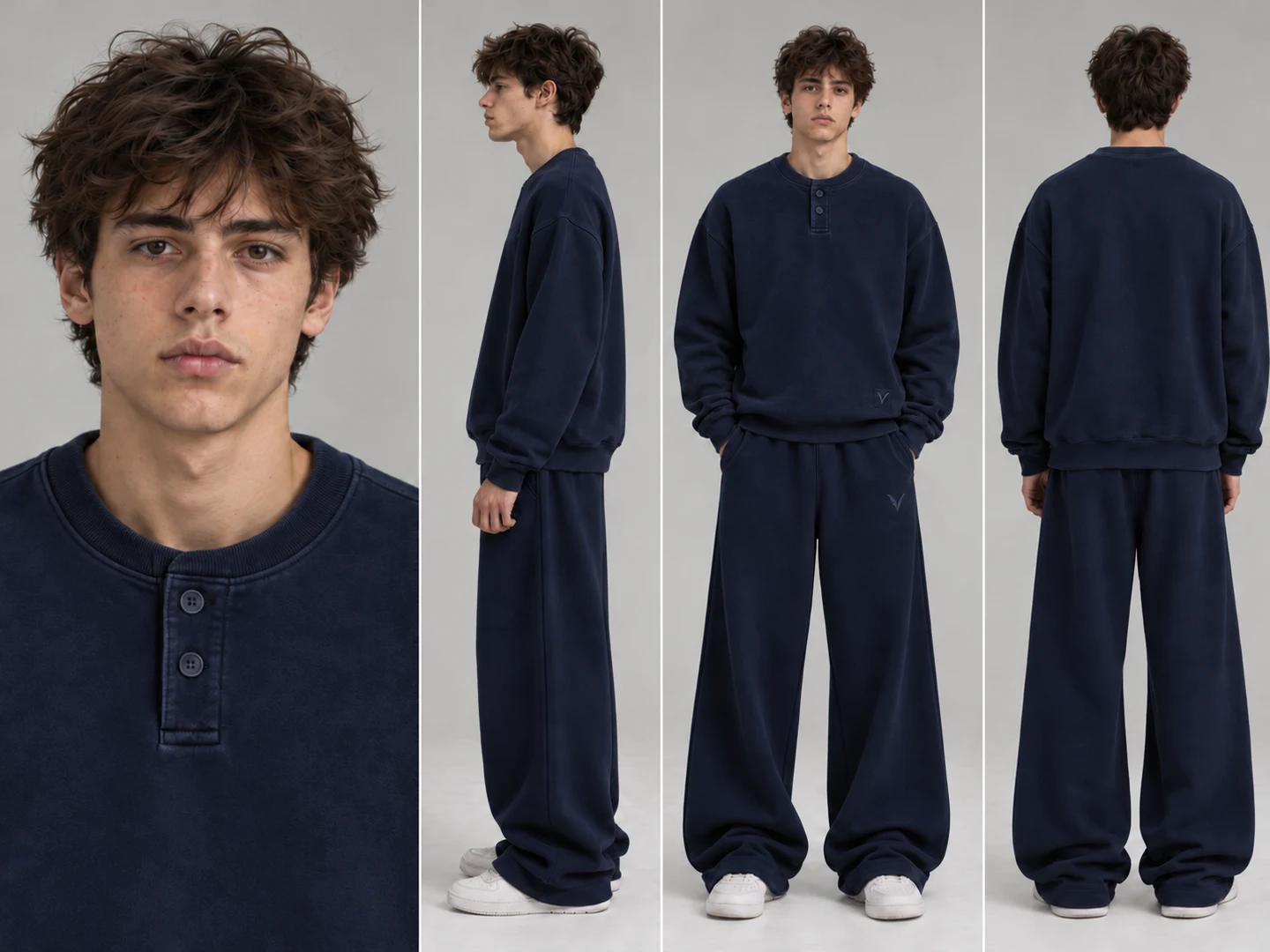 Vervaine navy henley and sweatpants styling — concept image