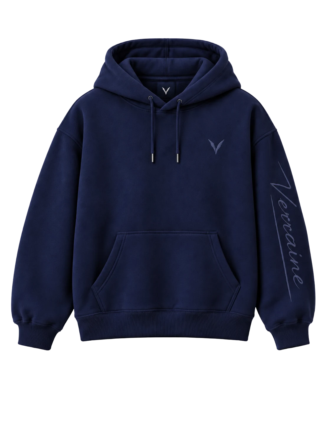 Vervaine navy hoodie front — concept image