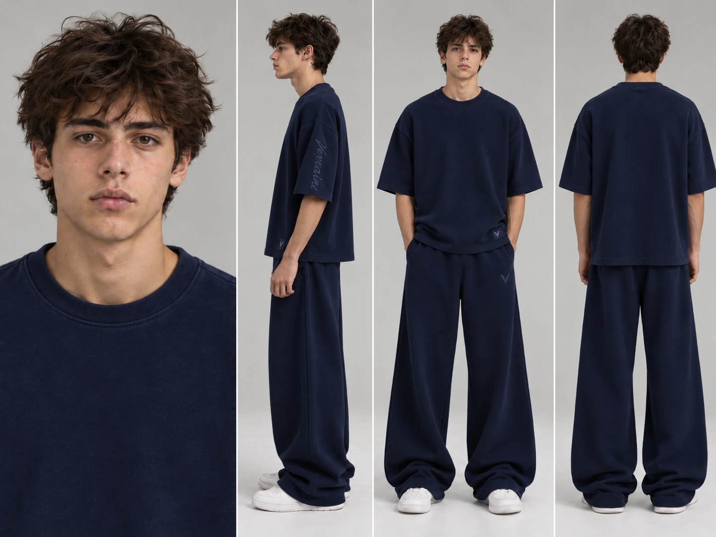 Vervaine navy tee and sweatpants styling study — concept image