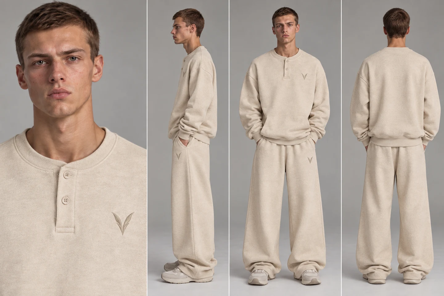 Vervaine sand henley and sweatpants styling — concept image